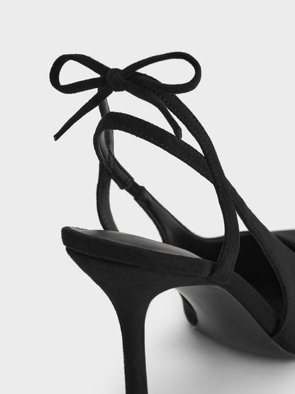 Faux Suede Back-Bow Slingback Pumps - Black Textured | CHARLES & KEITH