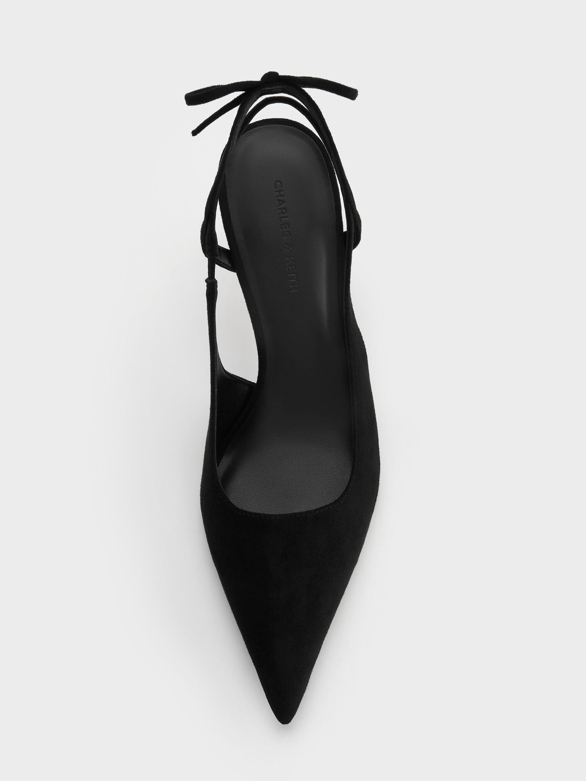 Faux Suede Back-Bow Slingback Pumps - Black Textured | CHARLES & KEITH