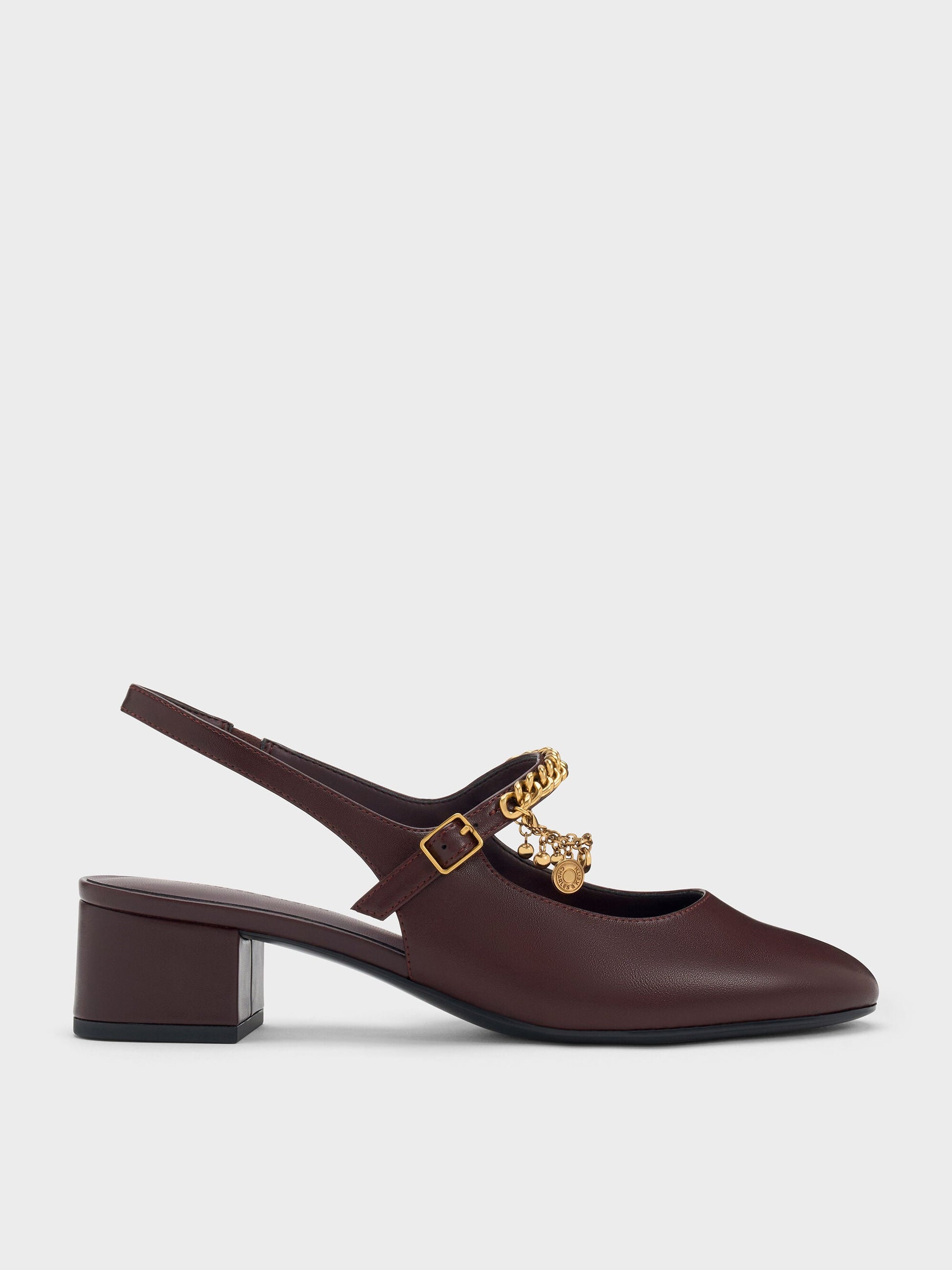 Double-Chain Charm Mary Jane Slingback Pumps - Burgundy | CHARLES & KEITH