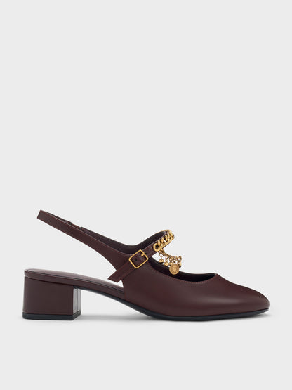Double-Chain Charm Mary Jane Slingback Pumps - Burgundy | CHARLES & KEITH