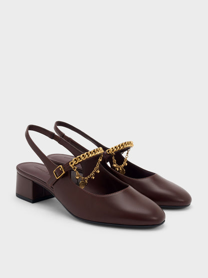 Double-Chain Charm Mary Jane Slingback Pumps - Burgundy | CHARLES & KEITH