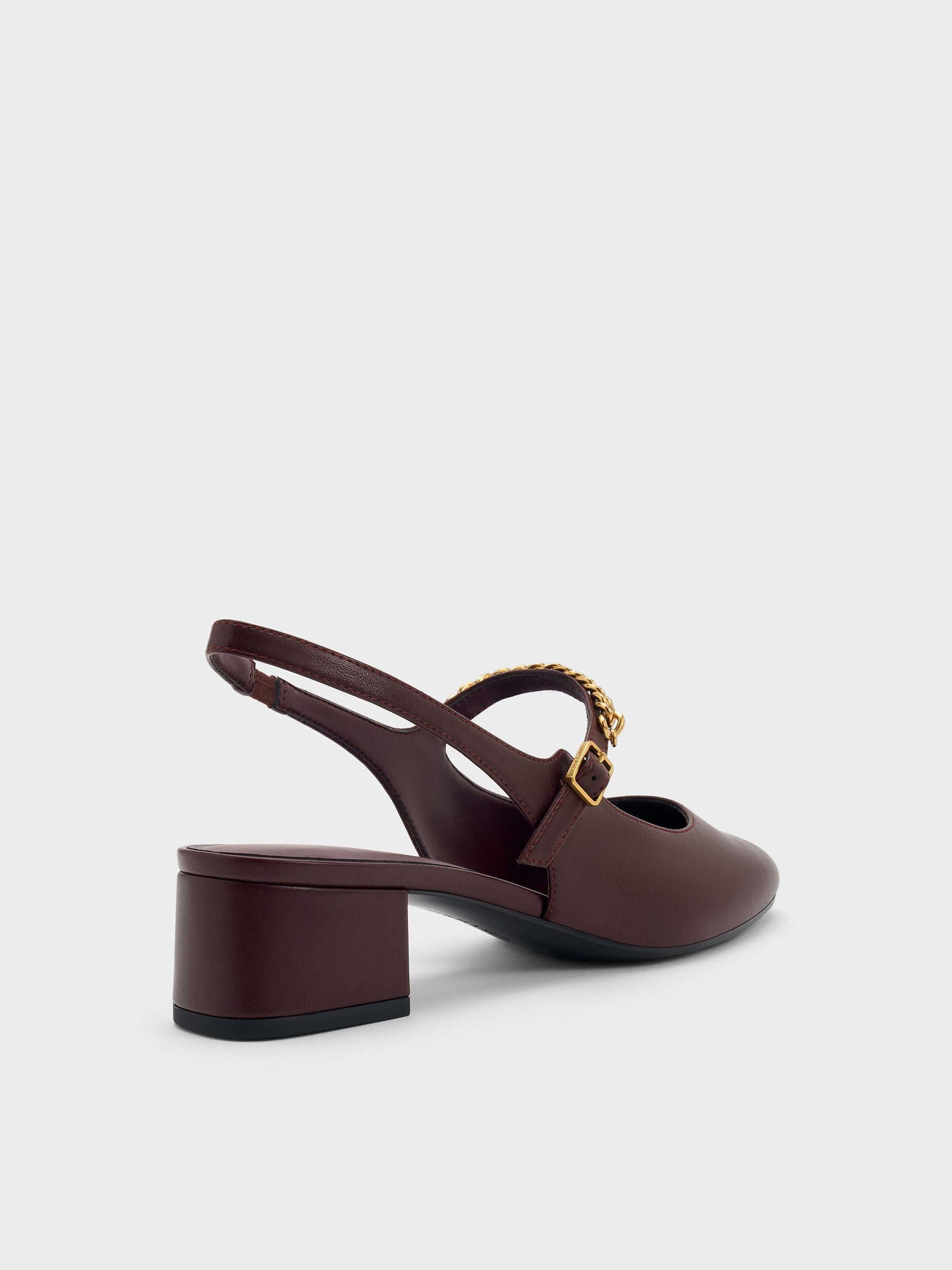 Double-Chain Charm Mary Jane Slingback Pumps - Burgundy | CHARLES & KEITH