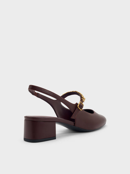 Double-Chain Charm Mary Jane Slingback Pumps - Burgundy | CHARLES & KEITH