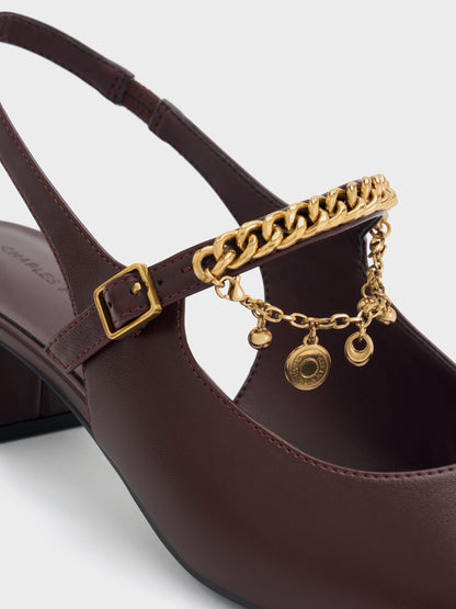 Double-Chain Charm Mary Jane Slingback Pumps - Burgundy | CHARLES & KEITH