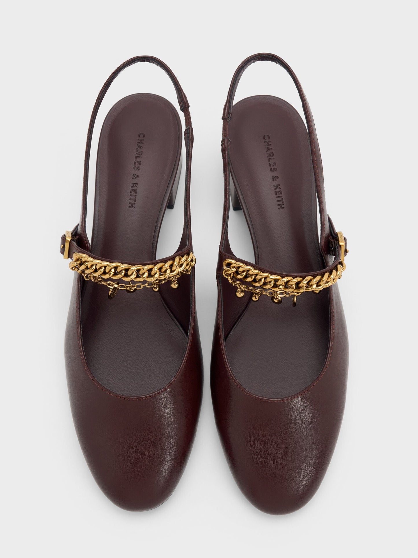 Double-Chain Charm Mary Jane Slingback Pumps - Burgundy | CHARLES & KEITH