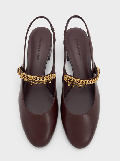 Double-Chain Charm Mary Jane Slingback Pumps - Burgundy | CHARLES & KEITH