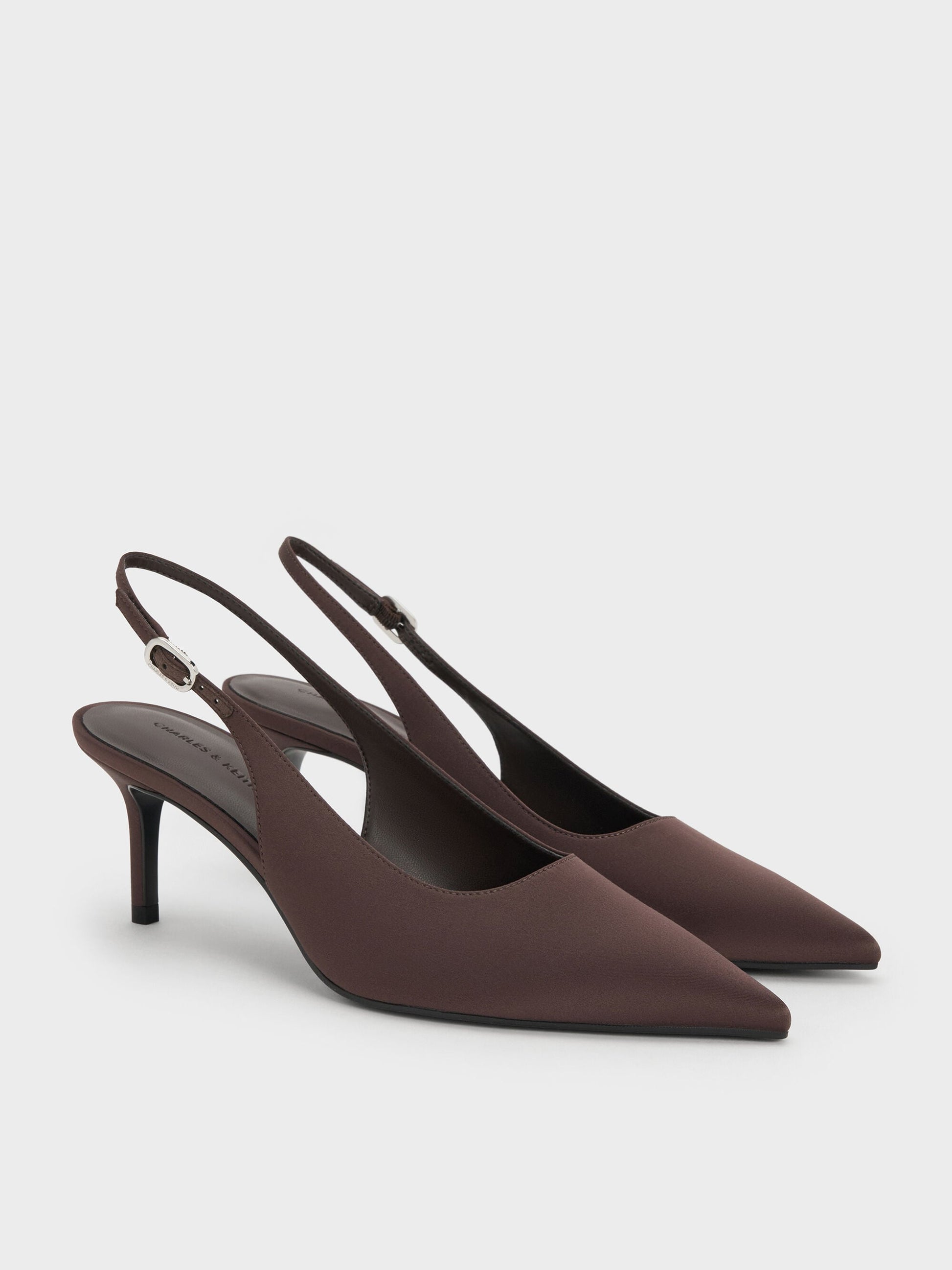 Kaia Satin Slingback Pumps - Dark Brown Textured | CHARLES & KEITH