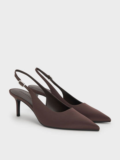 Kaia Satin Slingback Pumps - Dark Brown Textured | CHARLES & KEITH