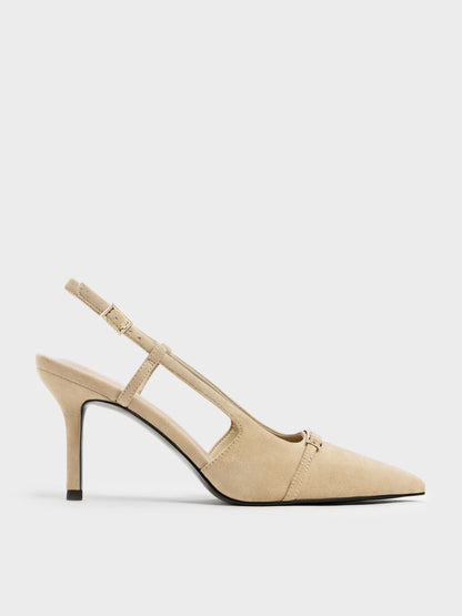Faux Suede Metallic-Bar Pointed Slingback Pumps - Beige | CHARLES & KEITH