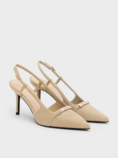 Faux Suede Metallic-Bar Pointed Slingback Pumps - Beige | CHARLES & KEITH