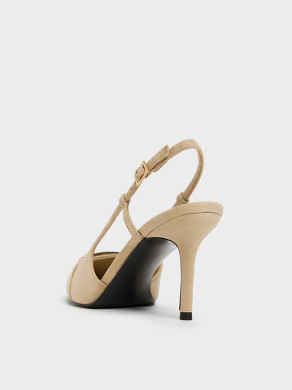 Faux Suede Metallic-Bar Pointed Slingback Pumps - Beige | CHARLES & KEITH