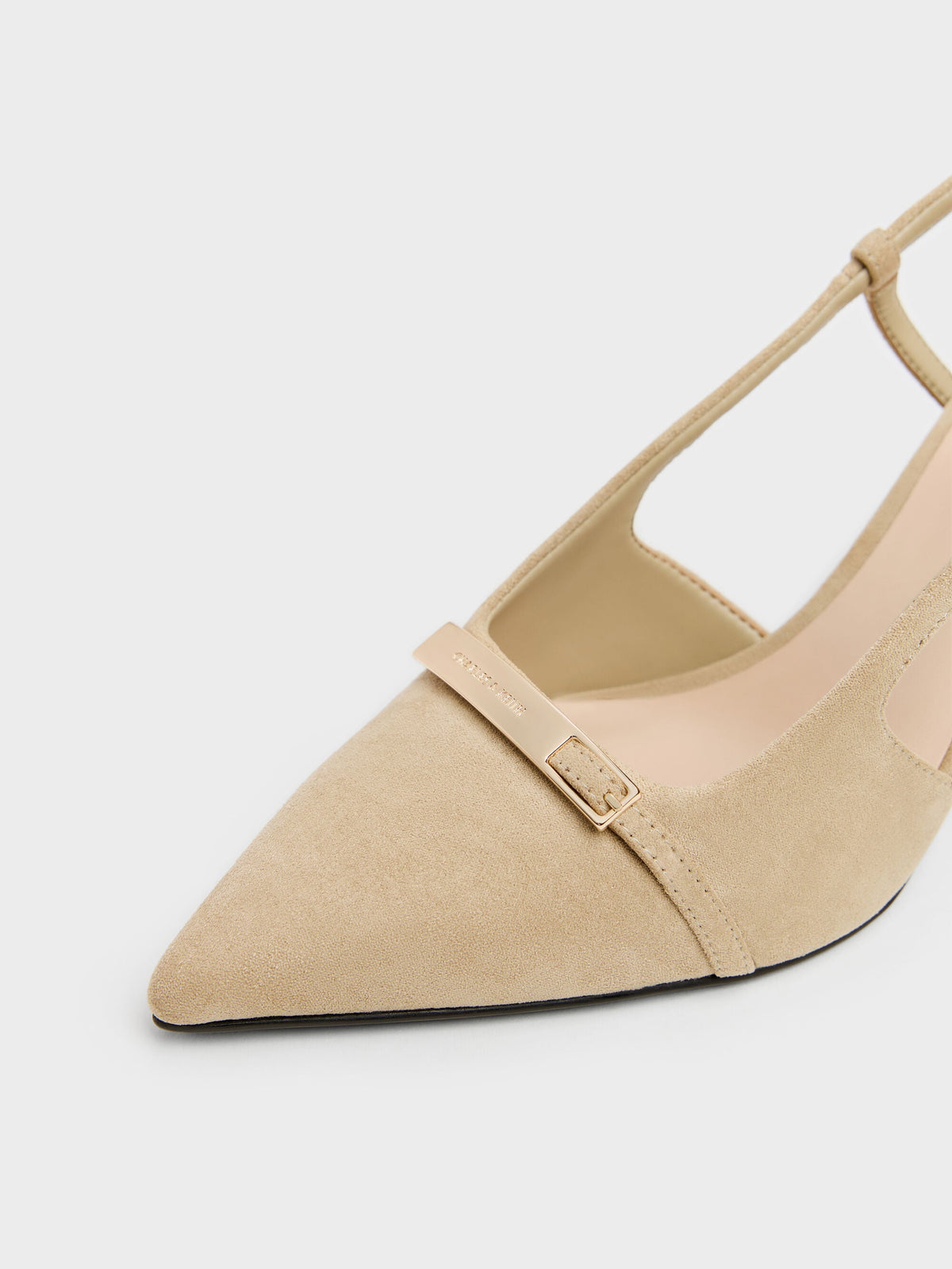 Faux Suede Metallic-Bar Pointed Slingback Pumps - Beige | CHARLES & KEITH