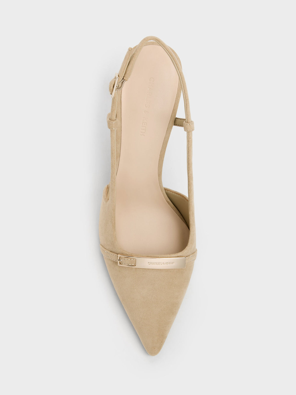 Faux Suede Metallic-Bar Pointed Slingback Pumps - Beige | CHARLES & KEITH