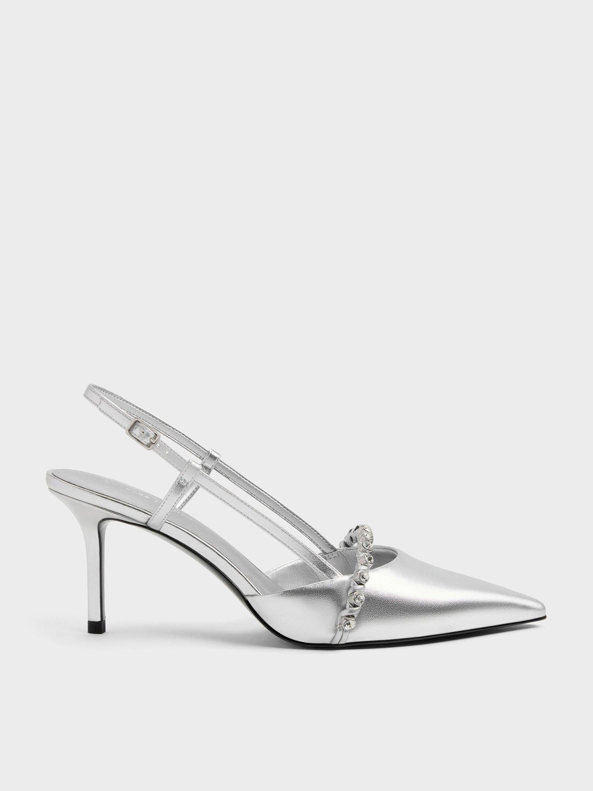 Metallic Crystal Slingback Pumps - Silver | CHARLES & KEITH
