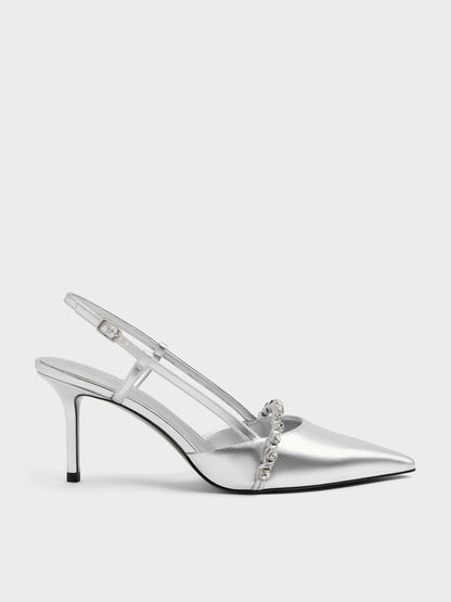 Metallic Crystal Slingback Pumps - Silver | CHARLES & KEITH