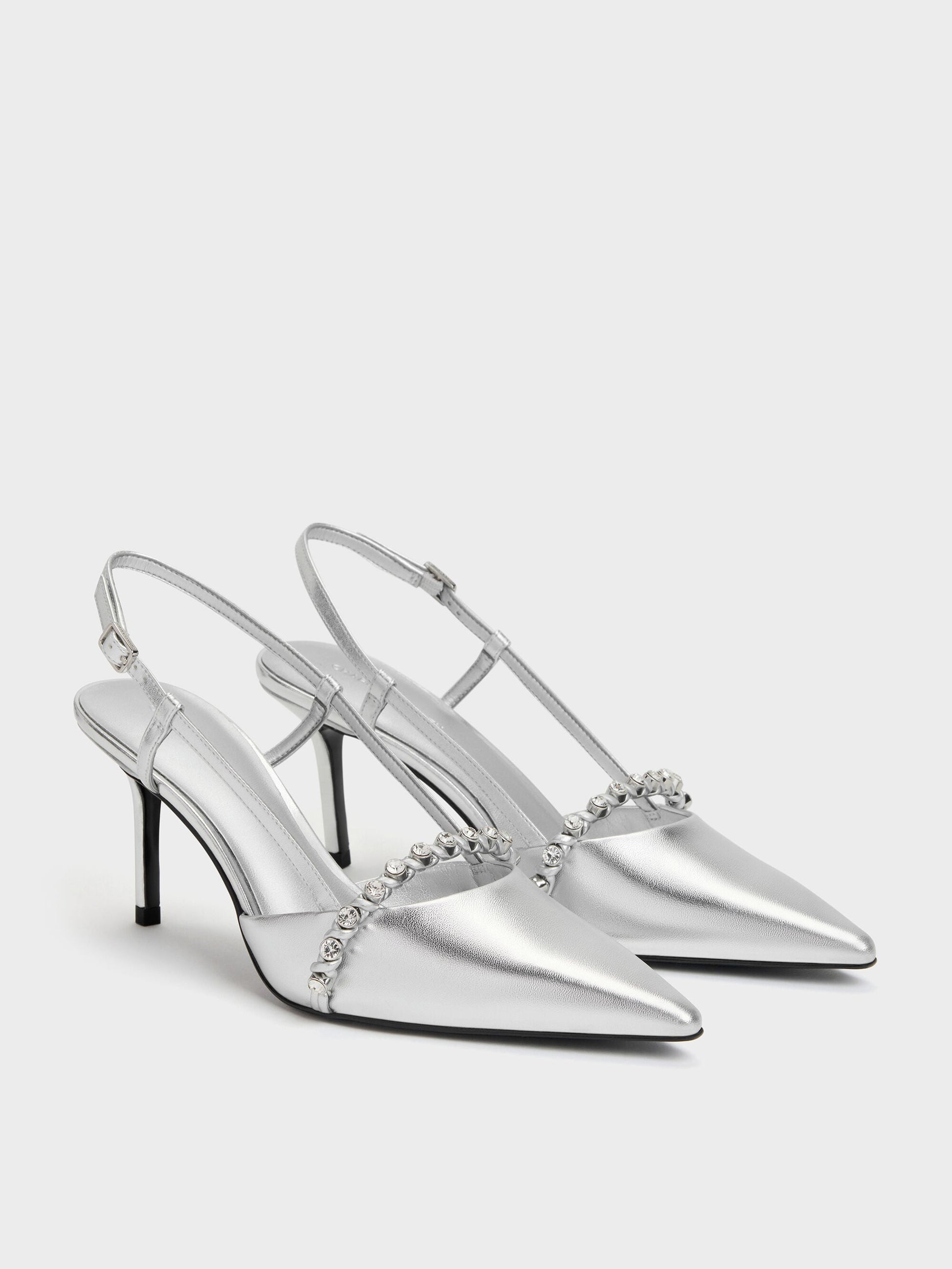 Metallic Crystal Slingback Pumps - Silver | CHARLES & KEITH