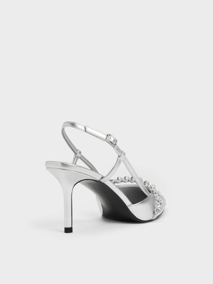 Metallic Crystal Slingback Pumps - Silver | CHARLES & KEITH