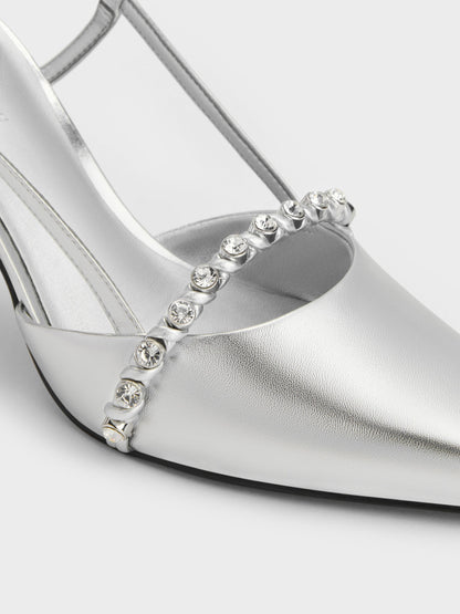 Metallic Crystal Slingback Pumps - Silver | CHARLES & KEITH