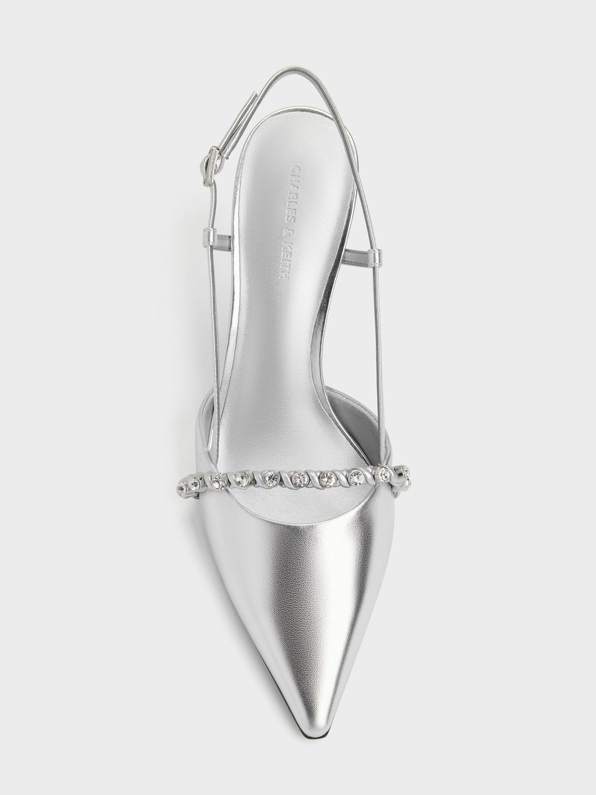 Metallic Crystal Slingback Pumps - Silver | CHARLES & KEITH