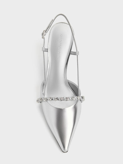 Metallic Crystal Slingback Pumps - Silver | CHARLES & KEITH