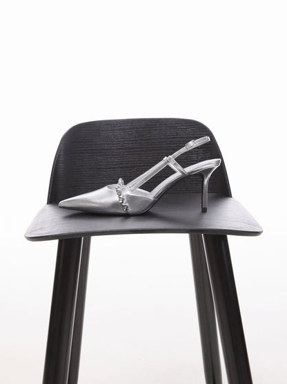 Metallic Crystal Slingback Pumps - Silver | CHARLES & KEITH