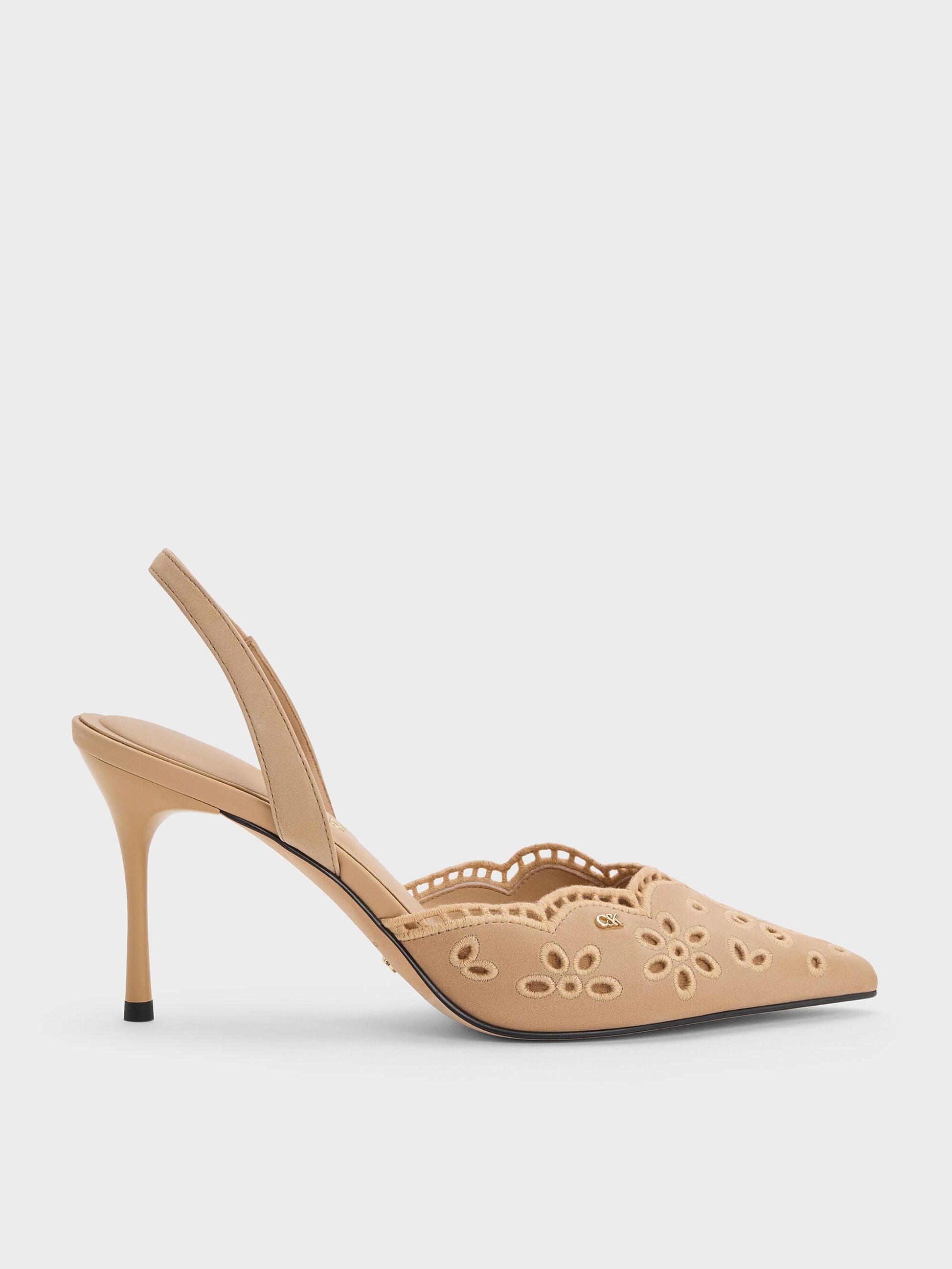Leather Embroidered Pointed Slingback Pumps - Beige | CHARLES & KEITH