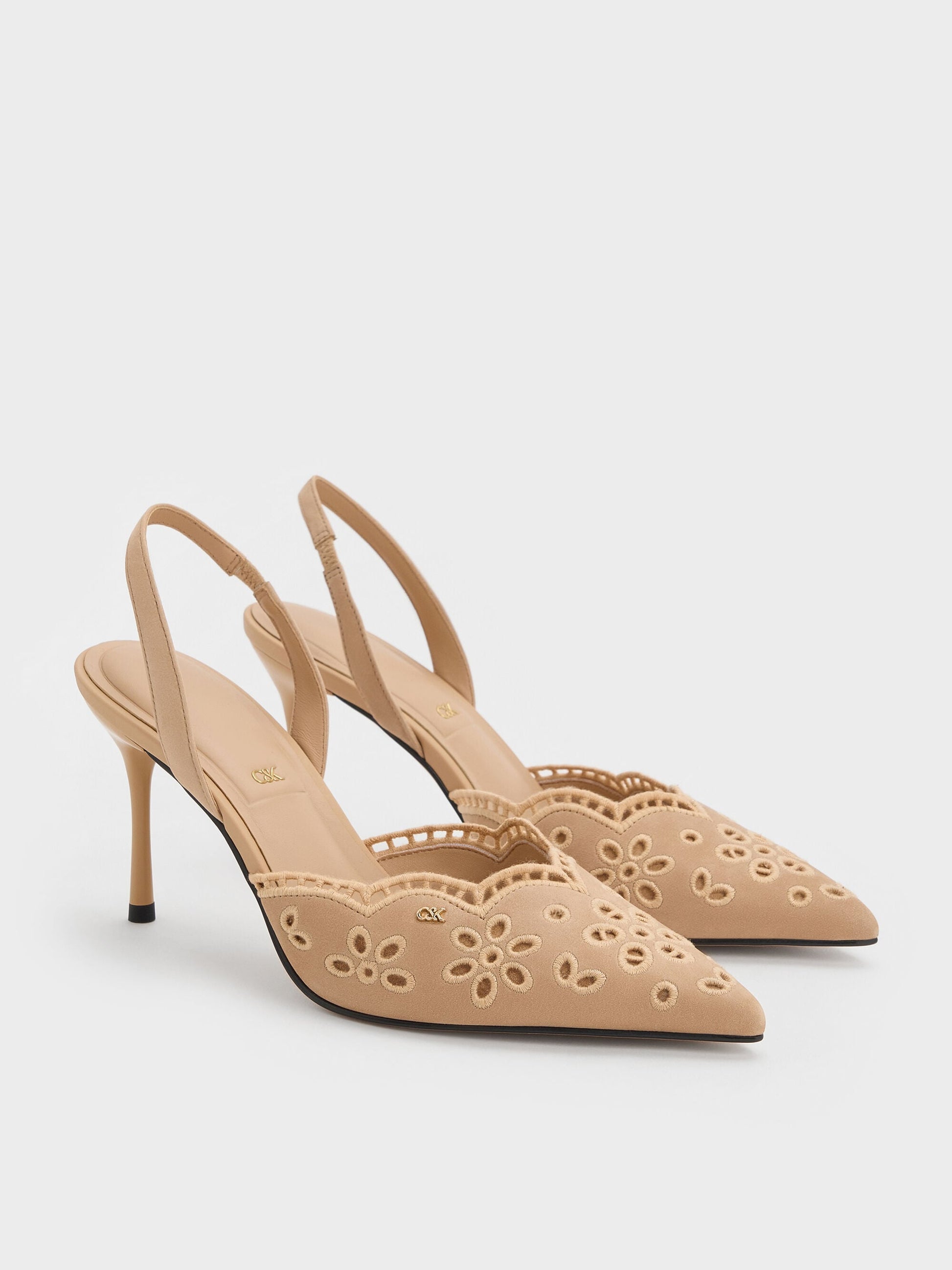 Leather Embroidered Pointed Slingback Pumps - Beige | CHARLES & KEITH