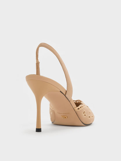 Leather Embroidered Pointed Slingback Pumps - Beige | CHARLES & KEITH