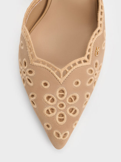 Leather Embroidered Pointed Slingback Pumps - Beige | CHARLES & KEITH