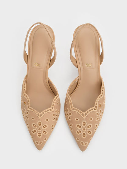 Leather Embroidered Pointed Slingback Pumps - Beige | CHARLES & KEITH