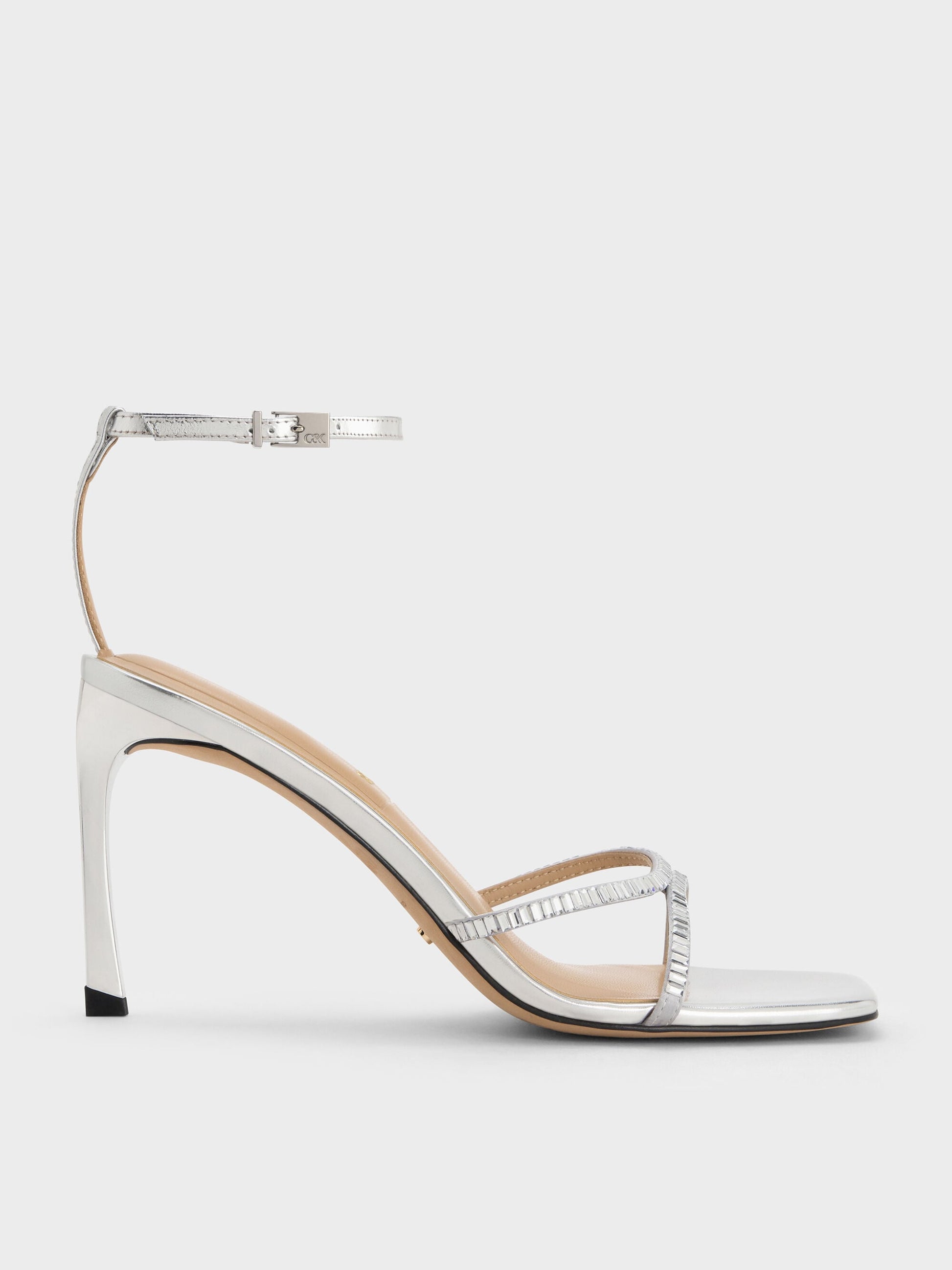 Jaylene Metallic Leather Gem Stiletto Sandals - Silver | CHARLES & KEITH
