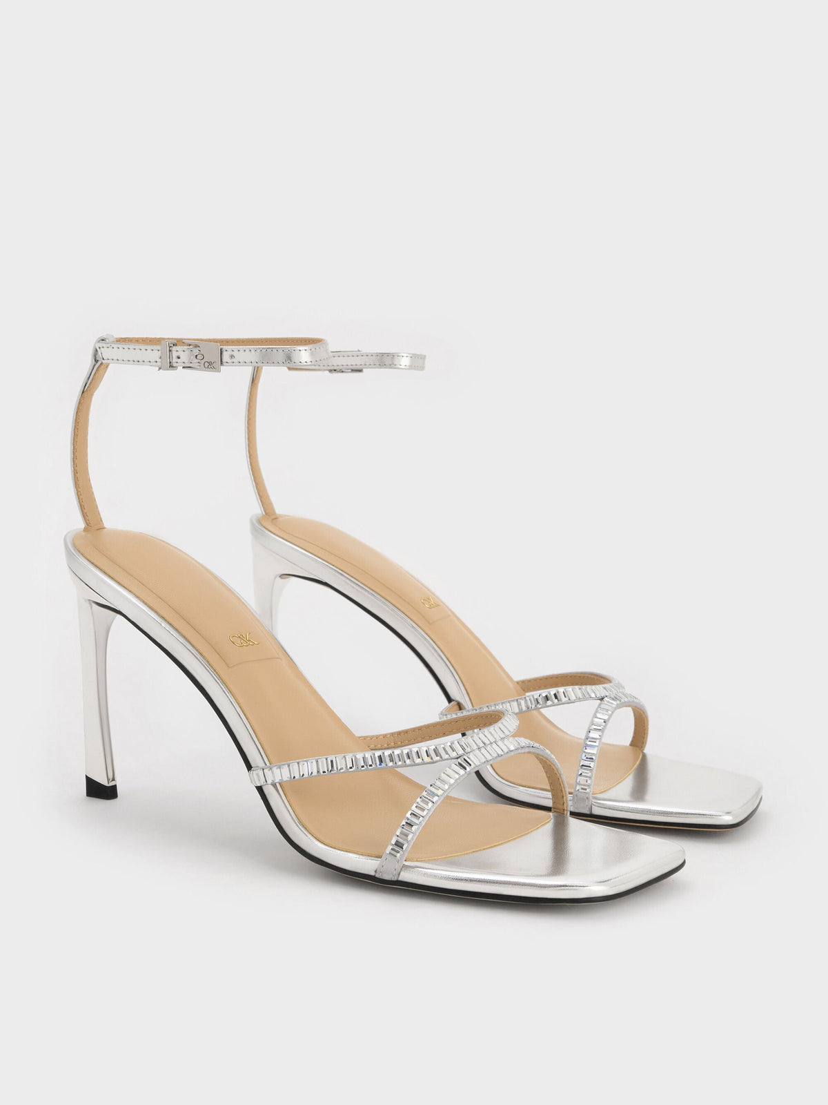 Jaylene Metallic Leather Gem Stiletto Sandals - Silver | CHARLES & KEITH