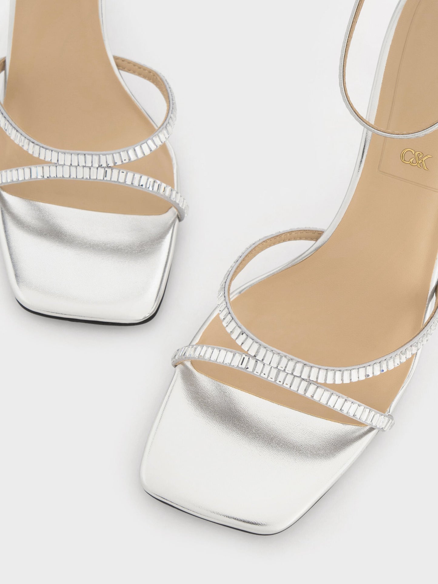 Jaylene Metallic Leather Gem Stiletto Sandals - Silver | CHARLES & KEITH