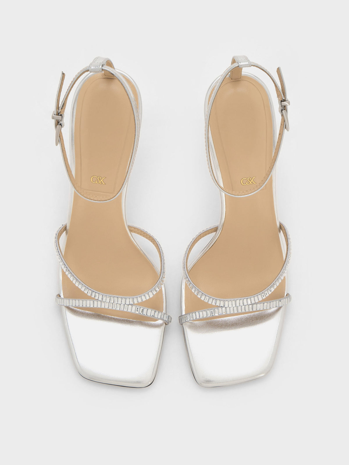 Jaylene Metallic Leather Gem Stiletto Sandals - Silver | CHARLES & KEITH