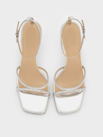 Jaylene Metallic Leather Gem Stiletto Sandals - Silver | CHARLES & KEITH