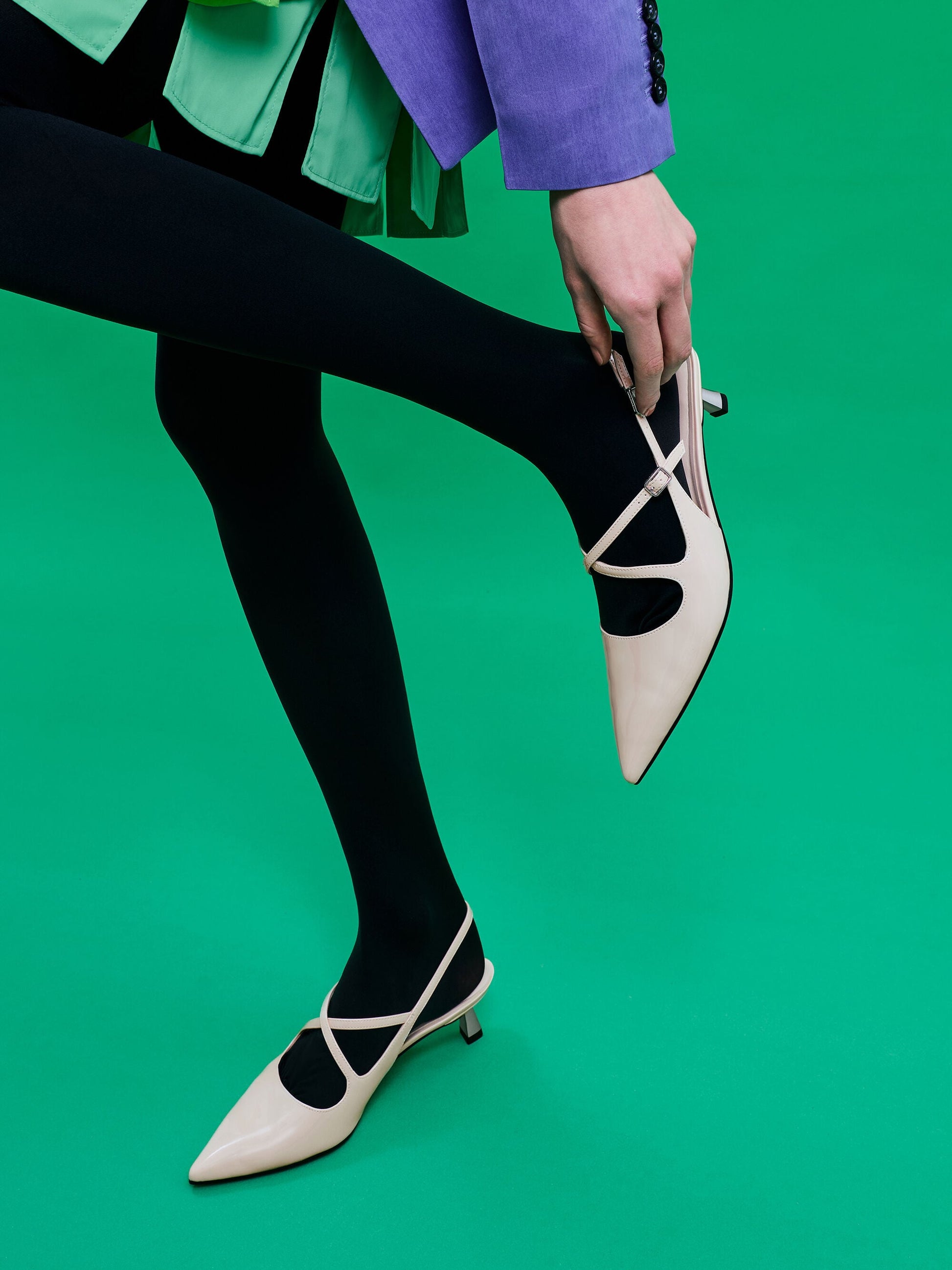 Pauline Patent Crossover Kitten Heels - Chalk | CHARLES & KEITH