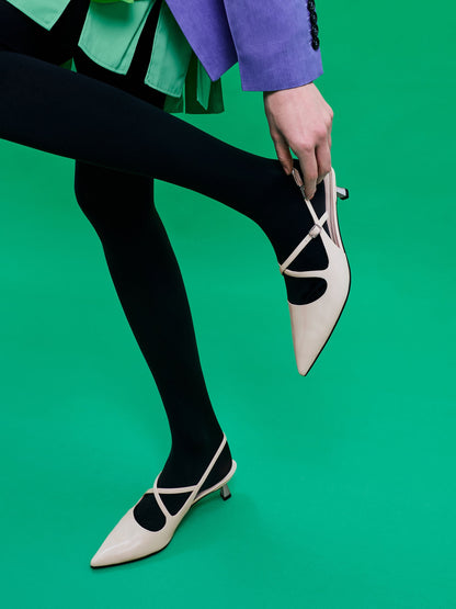 Pauline Patent Crossover Kitten Heels - Chalk | CHARLES & KEITH