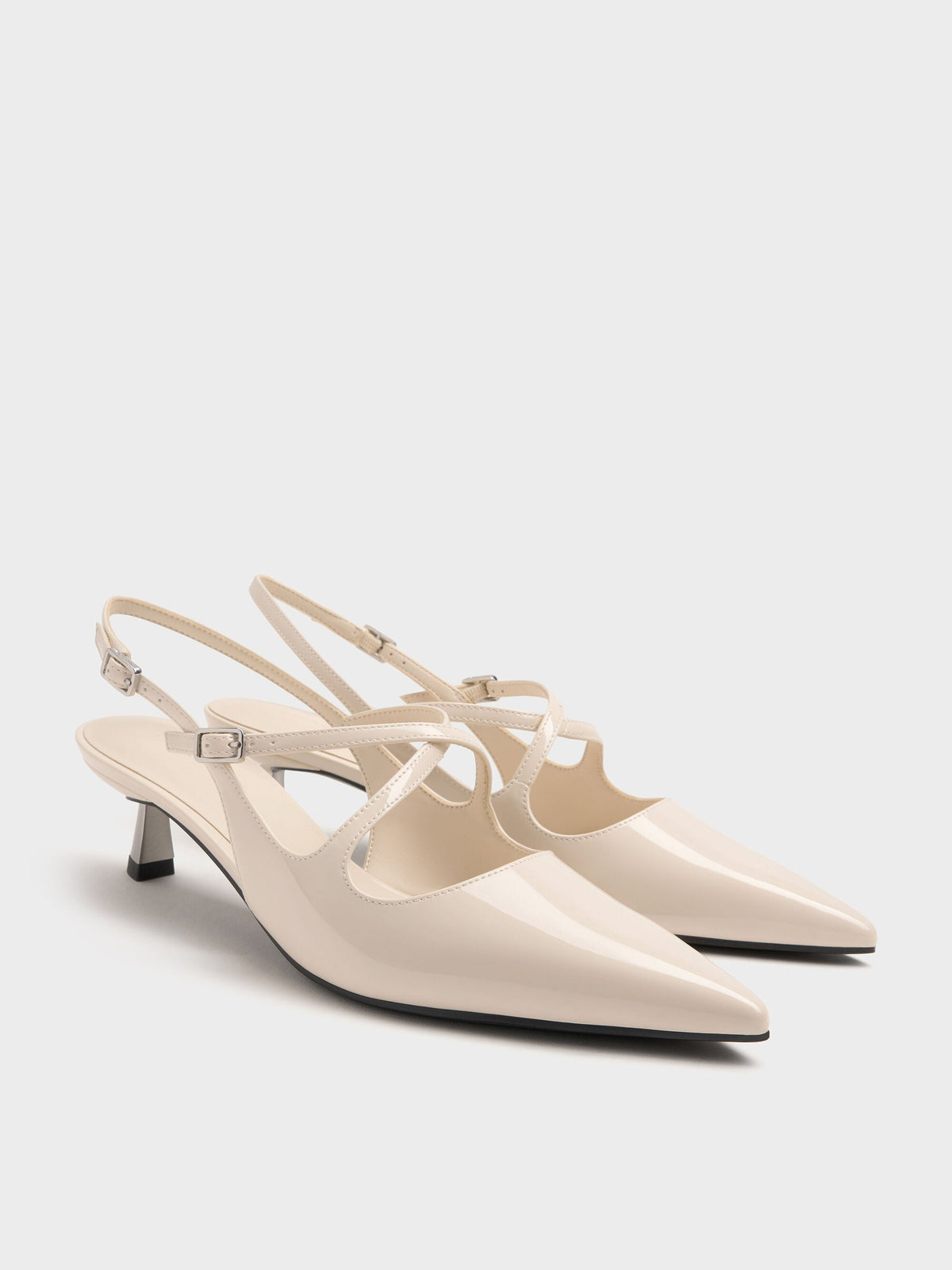 Pauline Patent Crossover Kitten Heels - Chalk | CHARLES & KEITH