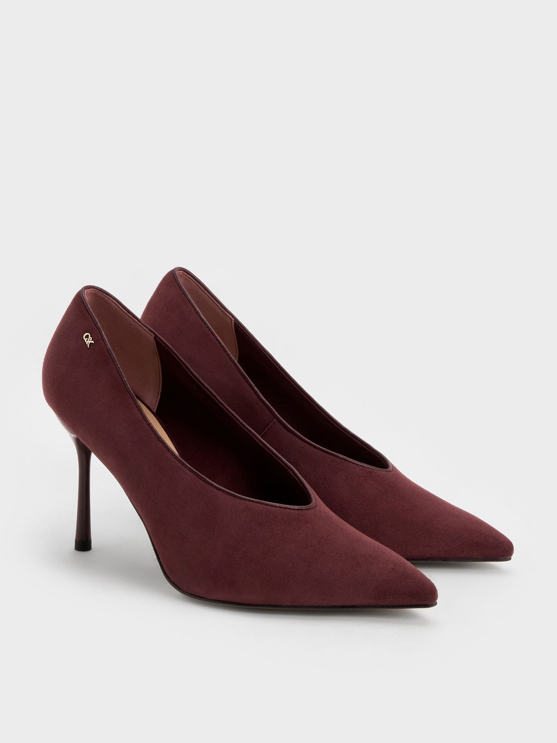 Leather & Suede Pointed Pumps - Burgundy | CHARLES & KEITH