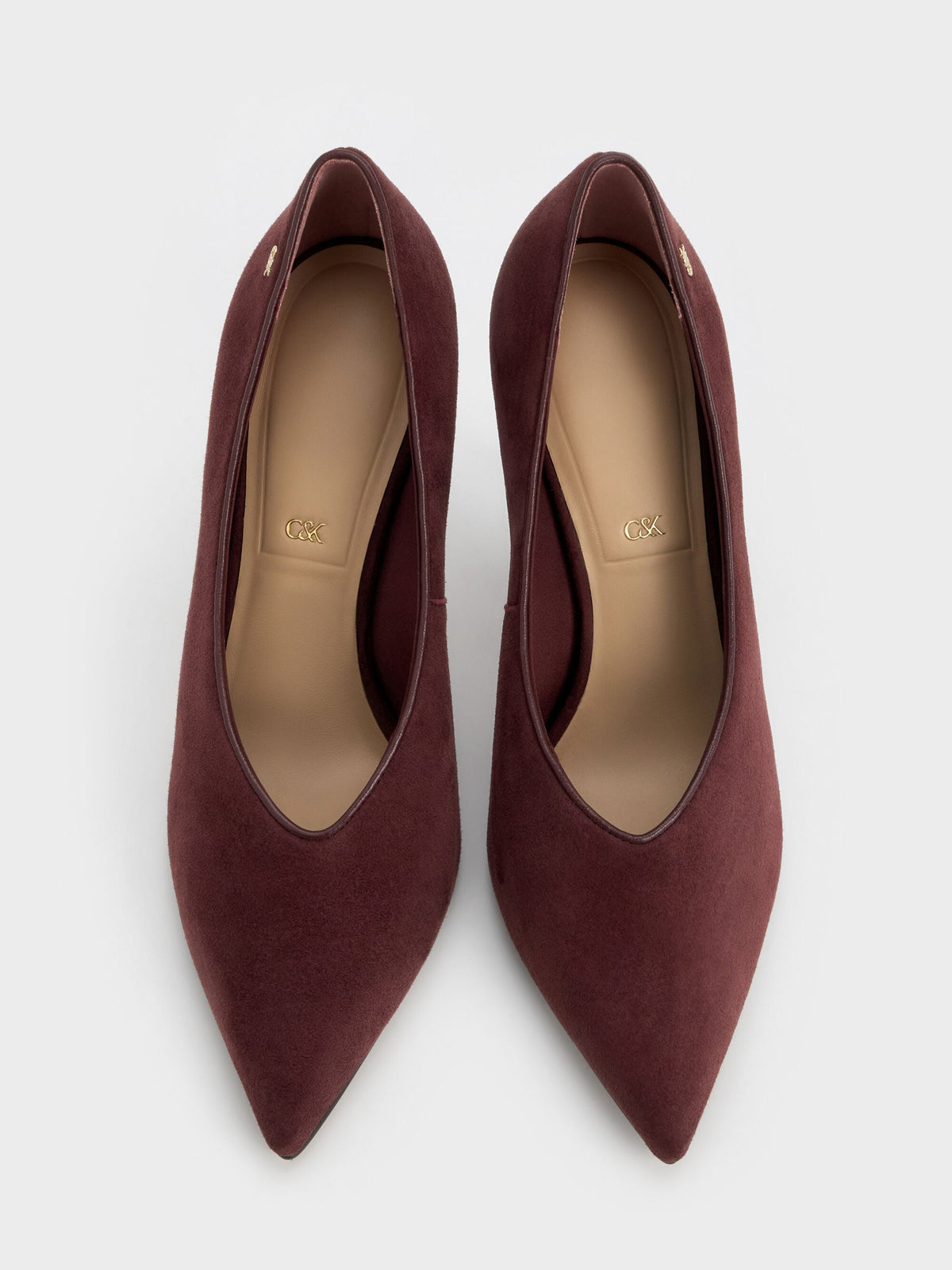 Leather & Suede Pointed Pumps - Burgundy | CHARLES & KEITH