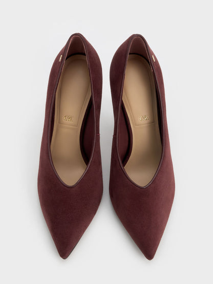 Leather & Suede Pointed Pumps - Burgundy | CHARLES & KEITH
