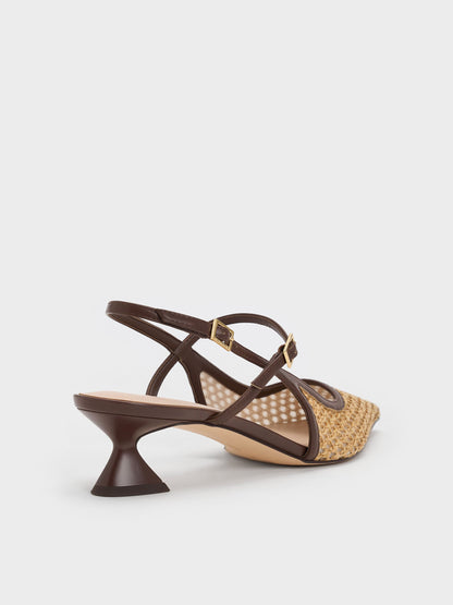 Raffia Sculptural-Heel Slingback Pumps - Dark Brown Textured | CHARLES & KEITH