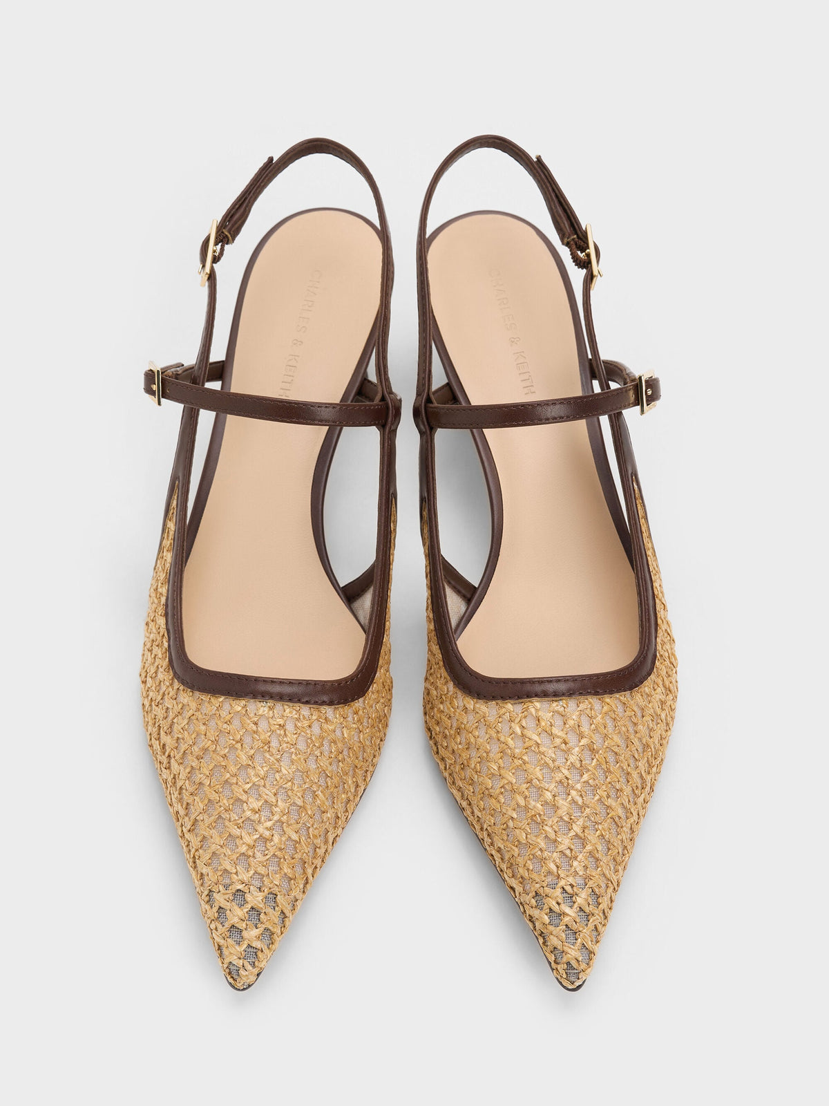Raffia Sculptural-Heel Slingback Pumps - Dark Brown Textured | CHARLES & KEITH