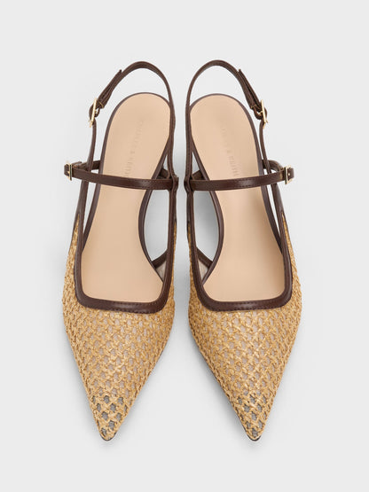 Raffia Sculptural-Heel Slingback Pumps - Dark Brown Textured | CHARLES & KEITH