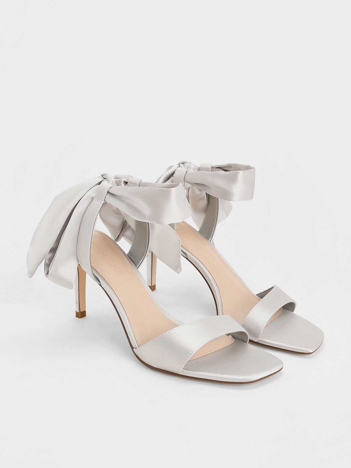 Eliana Satin Tie-Around Heeled Sandals - Silver | CHARLES & KEITH