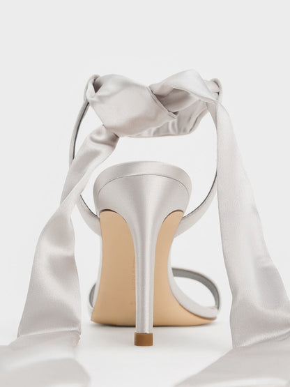 Eliana Satin Tie-Around Heeled Sandals - Silver | CHARLES & KEITH