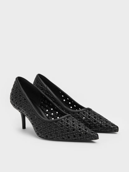Woven Pointed Stiletto Pumps - Black | CHARLES & KEITH