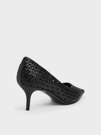 Woven Pointed Stiletto Pumps - Black | CHARLES & KEITH