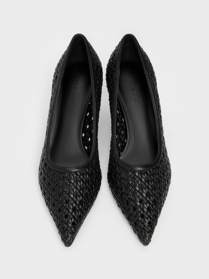 Woven Pointed Stiletto Pumps - Black | CHARLES & KEITH