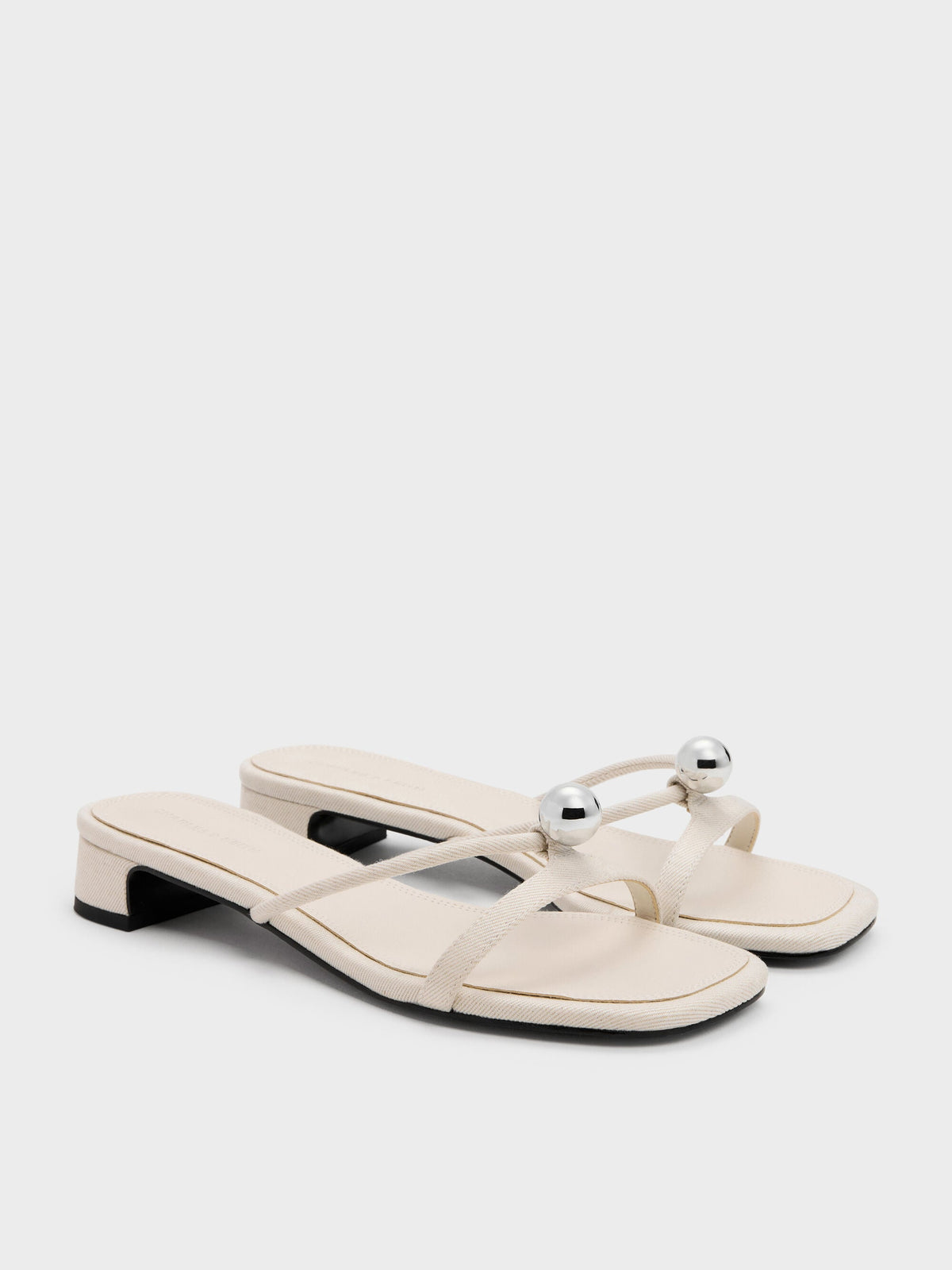 Georgie Linen Metal-Ball Heeled Mules - Chalk | CHARLES & KEITH